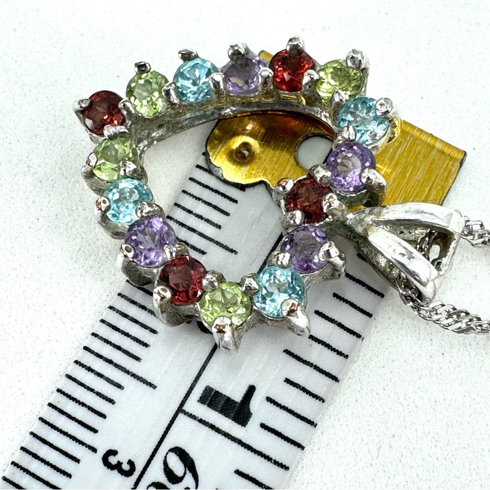 925 Sterling Silver Singapore Chain Multi-stone Heart Pendant Necklace - Picture 9 of 15